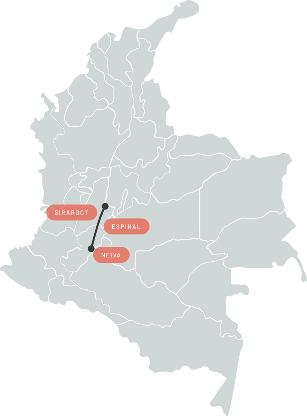 Mapa de Colombia señalando los tramos del proyecto autovía Neiva-Girardot