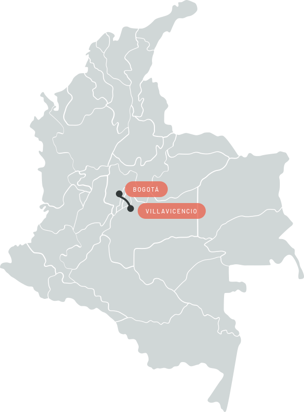 Map of Colombia showing the sections of the Bogotá-Villavicencio highway project