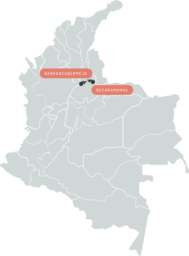 Map of Colombia showing the sections of the Ruta del Cacao project